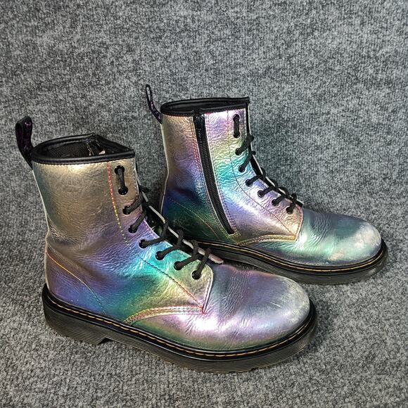 Dr. Martens 1460 Y Boots Women Size 6 Iridescent Silver Side Zip 8-Eye Combat - Picture 1 of 9